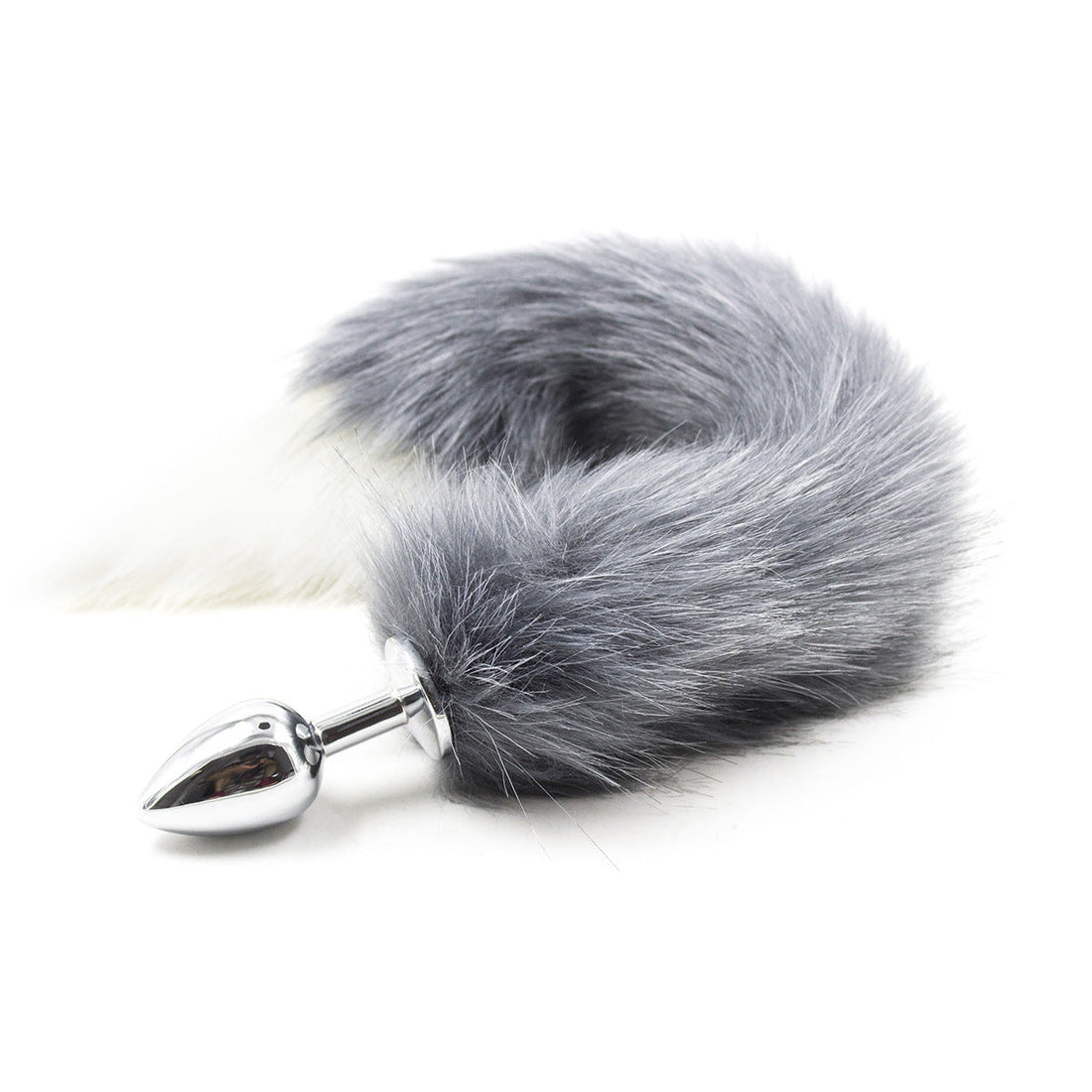 Gray Furry Dog Tail Metal Butt Plug