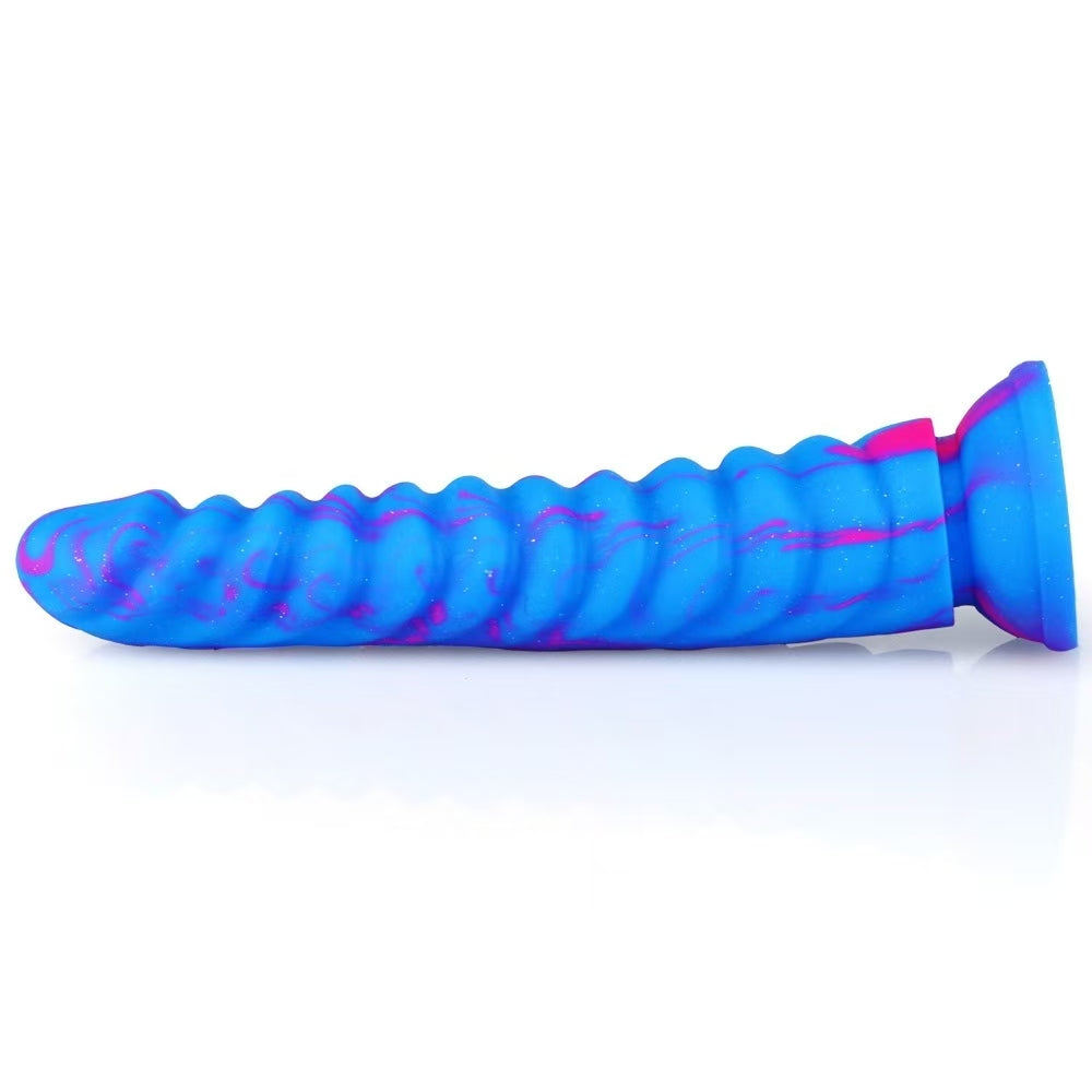 Blue 8 Inch Dragon Scale Ribbed Silicone Dildo