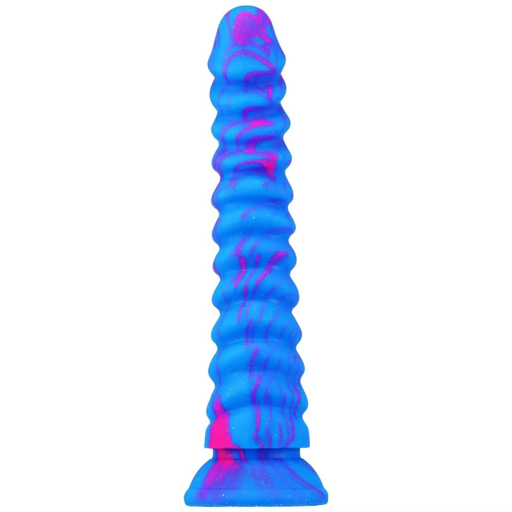 Blue 8 Inch Dragon Scale Ribbed Silicone Dildo
