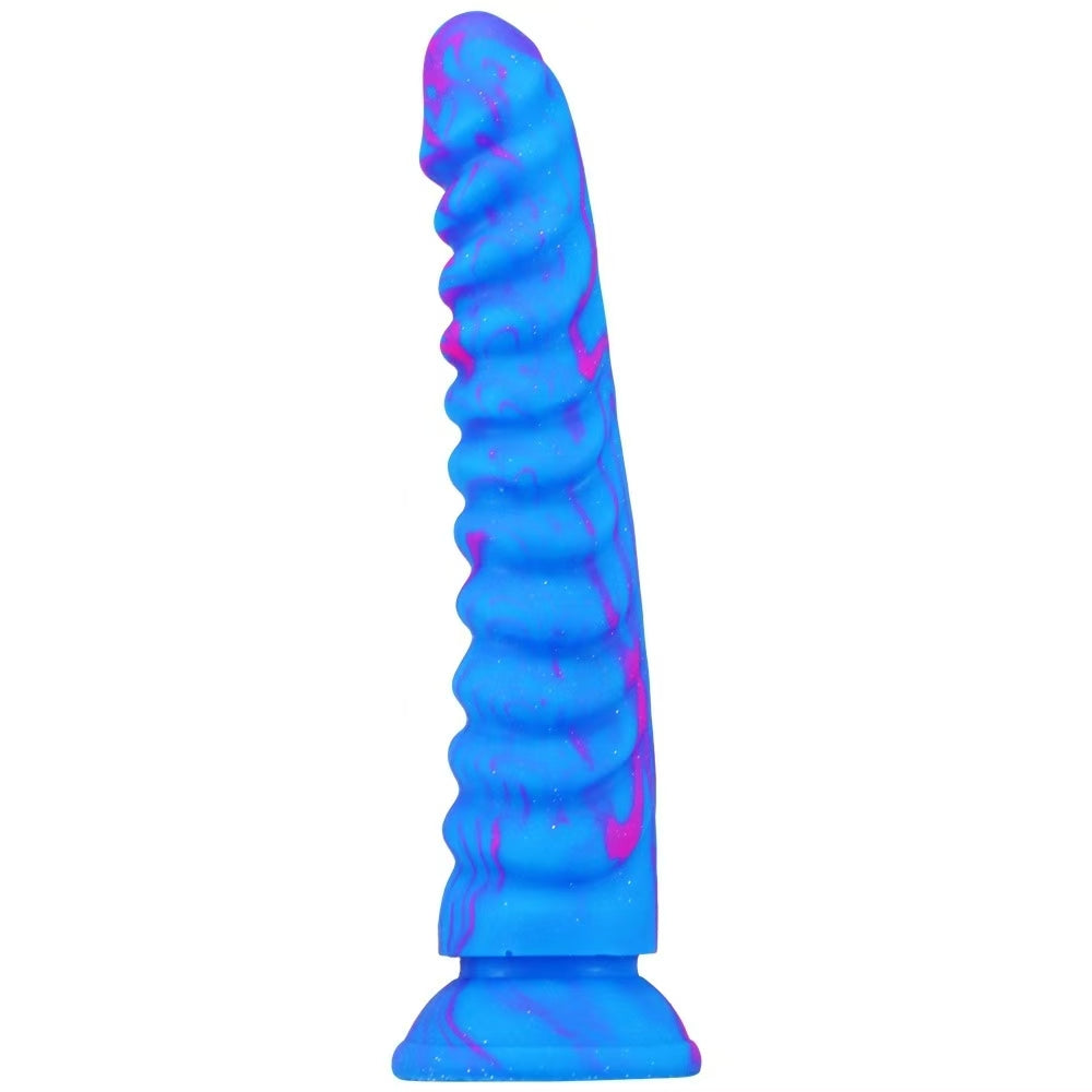 Blue 8 Inch Dragon Scale Ribbed Silicone Dildo