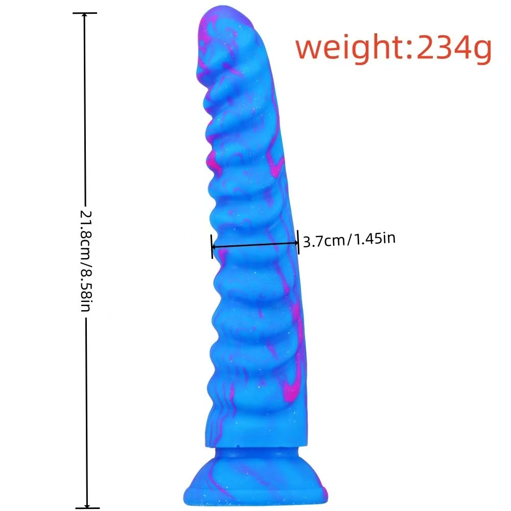 Blue 8 Inch Dragon Scale Ribbed Silicone Dildo