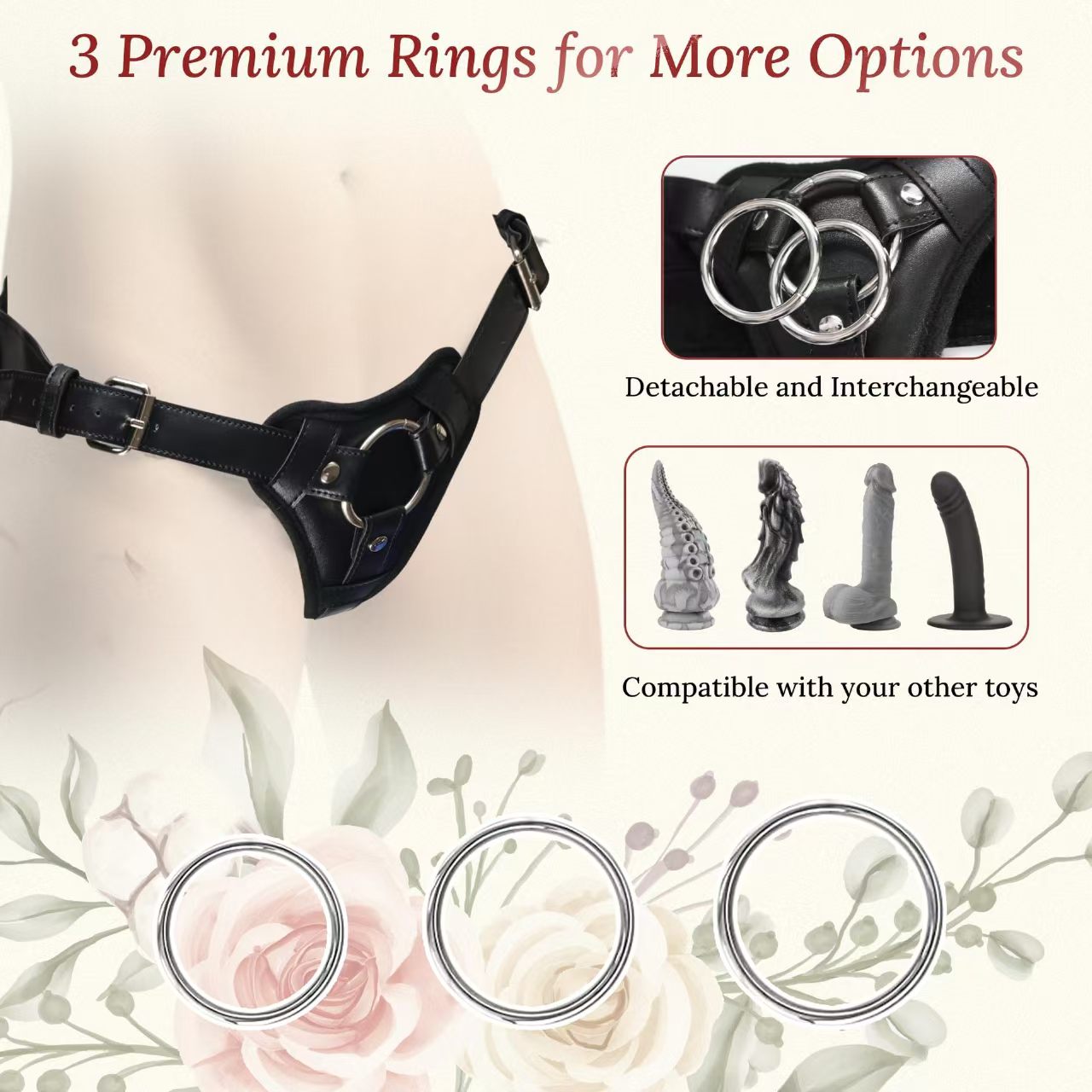 Premium Leather Triple Ring Black Strap On Harness