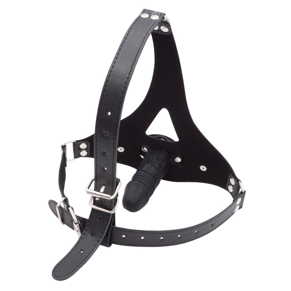 Black Leather Straps Harness Dildo Gag