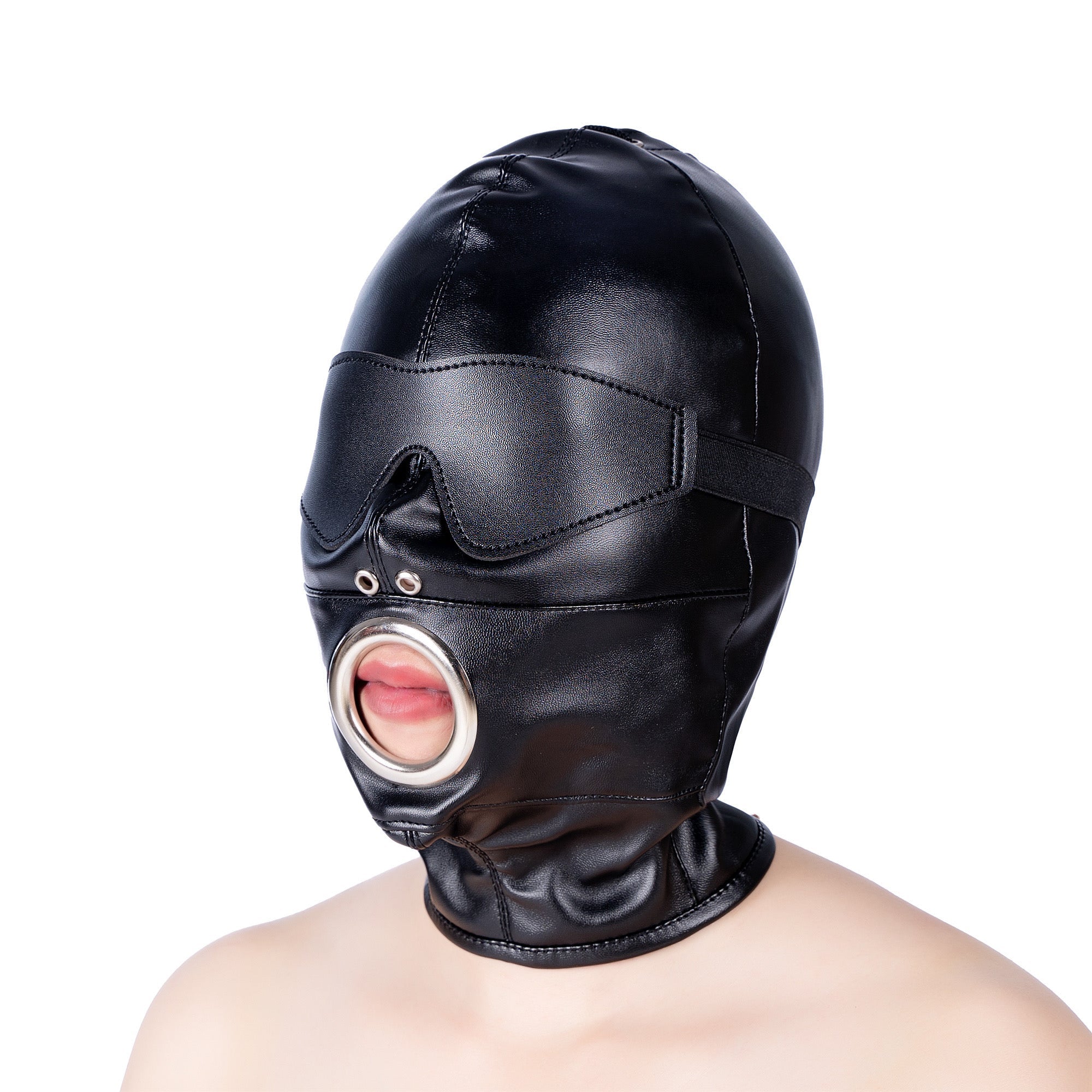 Bondage Mask Black Leather Facial Dildo Gag—Set