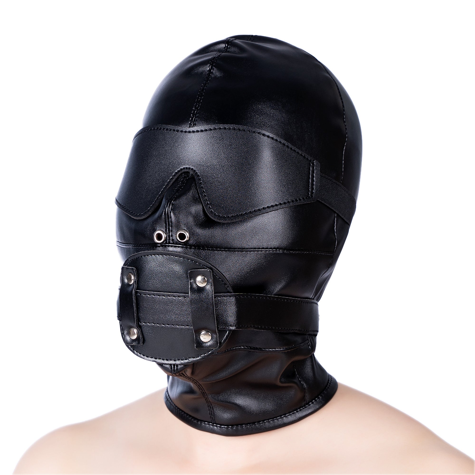 Bondage Mask Black Leather Facial Dildo Gag—Set