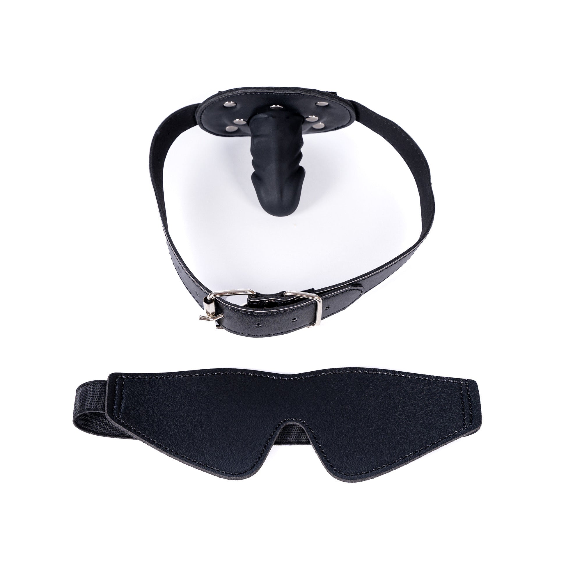 Bondage Mask Black Leather Facial Dildo Gag—Set