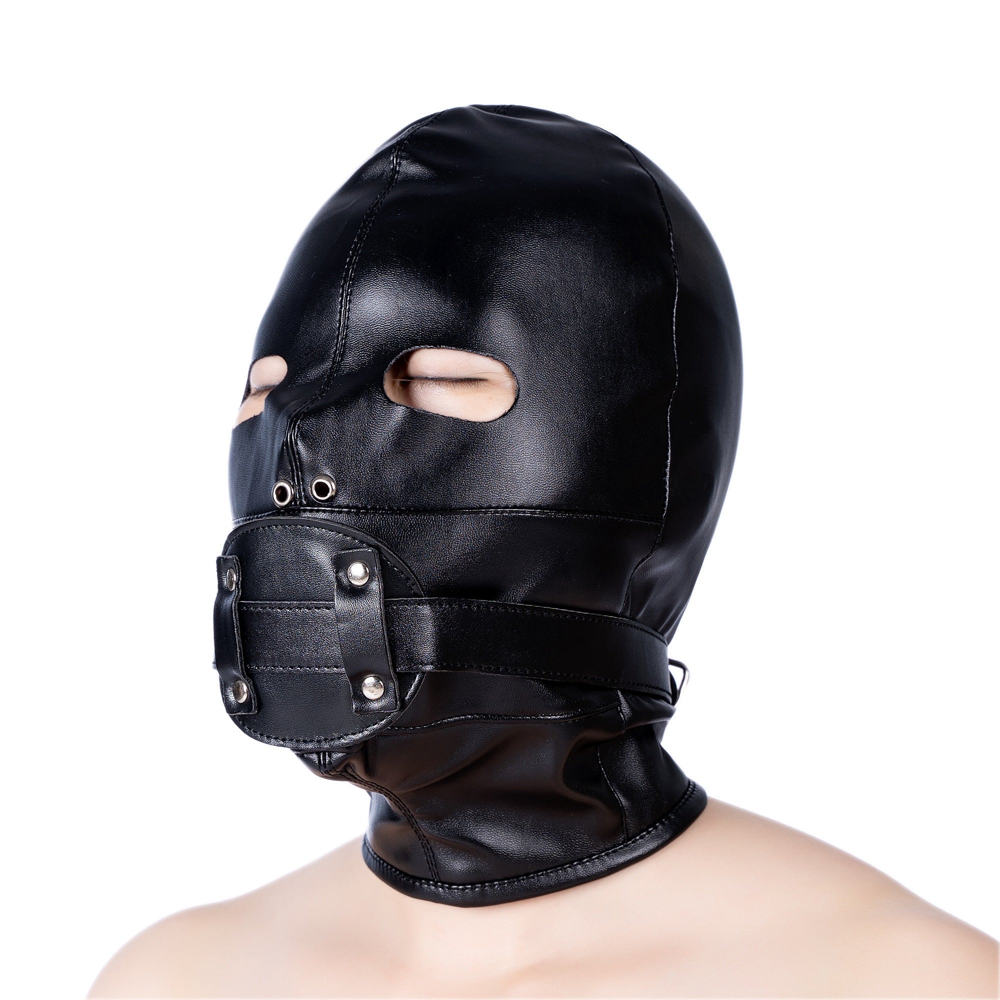 Bondage Mask Black Leather Facial Dildo Gag—Set