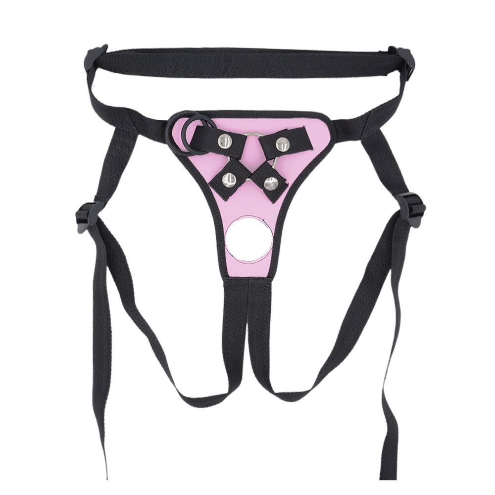 Pink Leather Double Penetration Strap On Harness