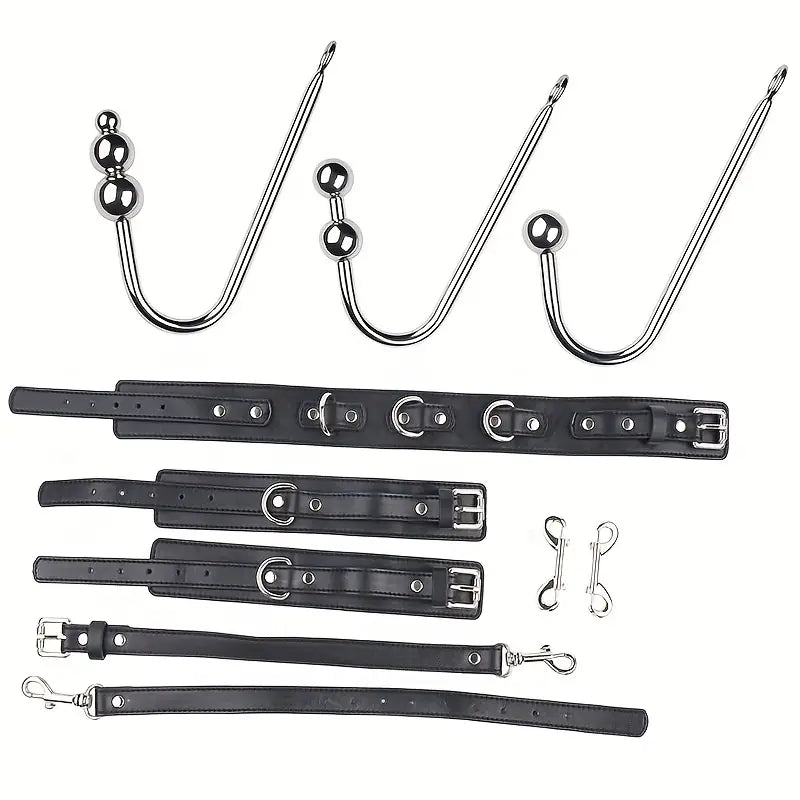 Handcuffs with Leash Metal Anal Hook to Collar