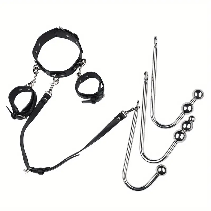 Handcuffs with Leash Metal Anal Hook to Collar