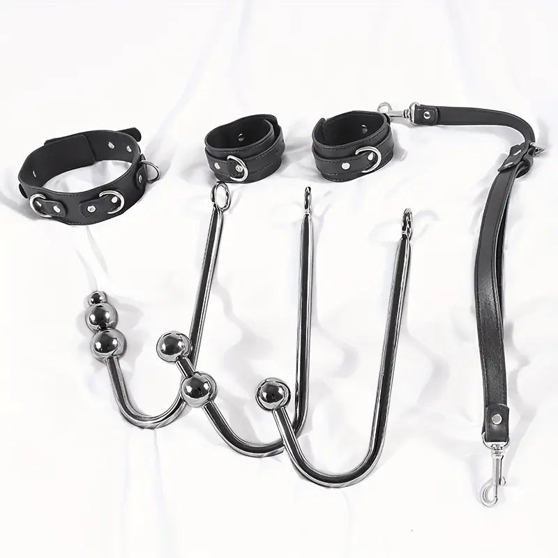 Handcuffs with Leash Metal Anal Hook to Collar