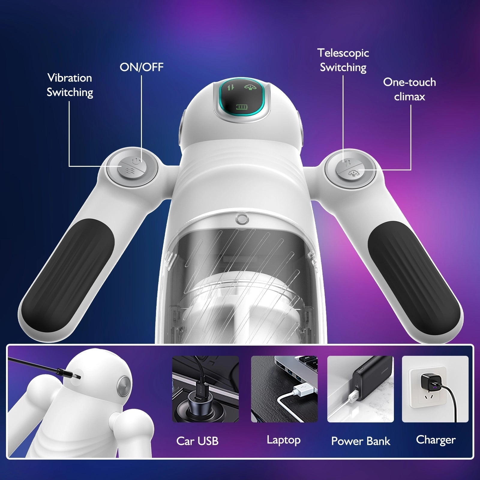 White Robotic Retractable Oral Sex Machine with Handle